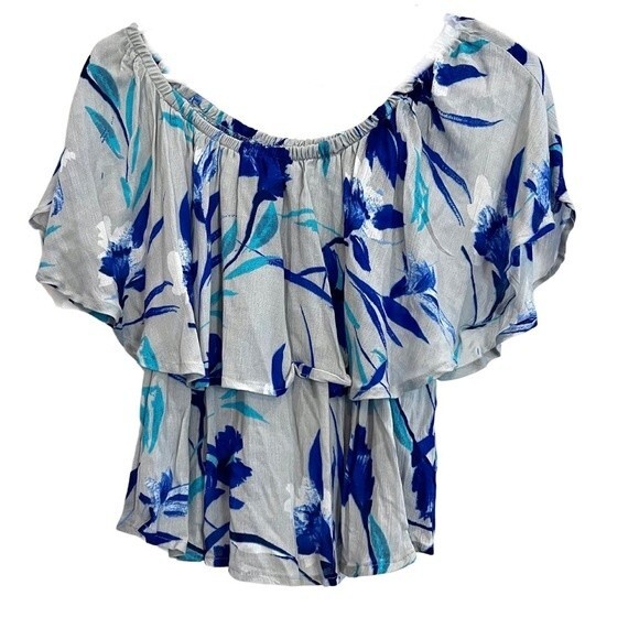 Japna off shoulder gray and blue floral top size small - Picture 2 of 4